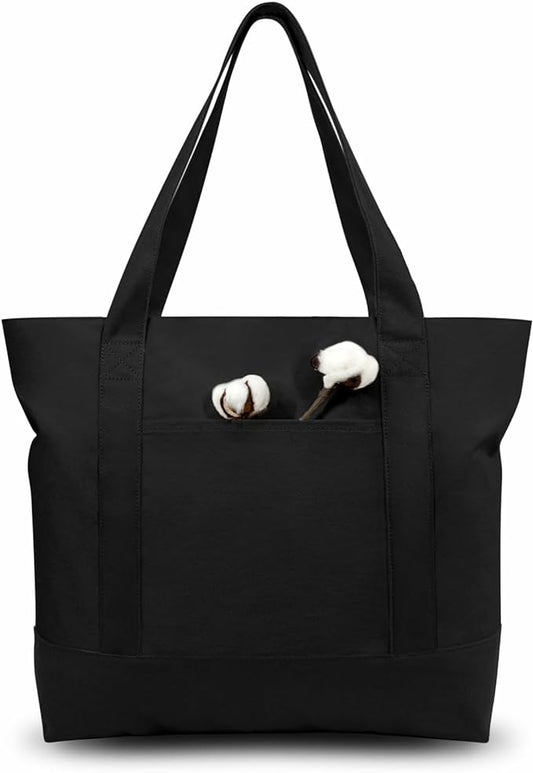 TOPDesign 6-Pack Canvas Tote Bags with an External Pocket, Reusable Grocery Shopping Bags, Top Zipper Closure, Daily Essentials (Black)