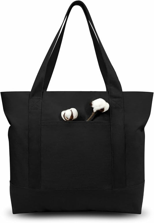 TOPDesign 3-Pack Canvas Tote Bags with an External Pocket, Reusable Grocery Shopping Bags, Top Zipper Closure, Daily Essentials (Black)