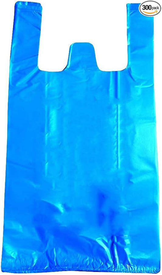 Blue T-Shirt Bags, 20 x 10 x 36 Inches. Pack of 300 Plastic Merchandise Bags, 20 Micron. Unprinted Grocery Bags with Handles. High Density Polyethylene Shopping Bags for Small Business