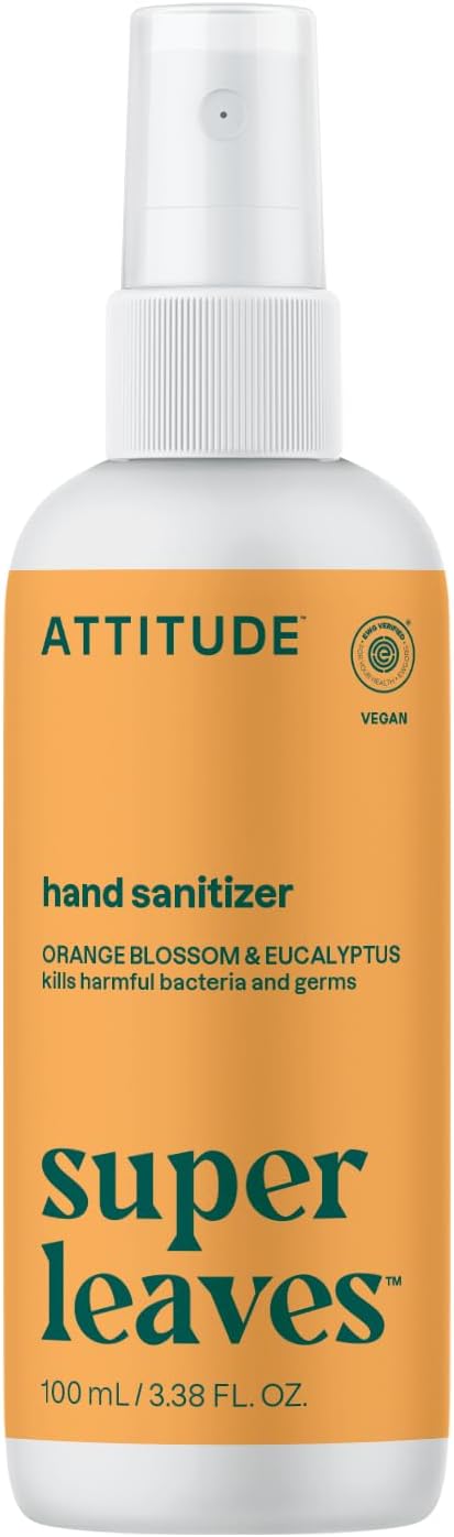 ATTITUDE Hand Sanitizer Spray for Adults and Kids, EWG Verified, Kills Bacteria and Germs, Vegan, Orange Leaves, 3.38 Fl Oz (Spray Bottle)