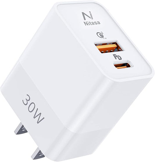 USB C Wall Charger,NITASA 30W Dual Port PD Fast Charger Adapter Block for iPhone 16/14 Plus/16 Pro Max/15/15 iPad,Super Fast Charger Block(25W PPS) Type C for Samsung Galaxy S24 S23 Pixel 9 7/8 Pro