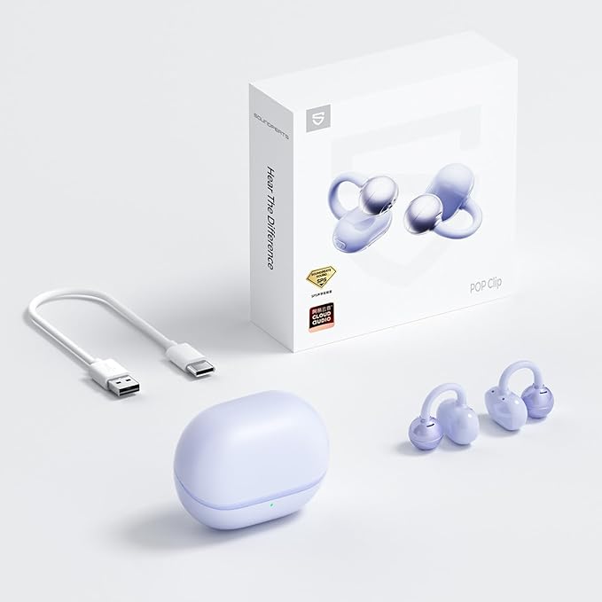 SoundPEATS POP Clip Wireless Open Ear Earbuds, Button Control, Lightweight Comfort Headphones, 30H Playtime, IPX5 Waterproof, Bluetooth 5.4 Immersive Audio Earphones for Sports Running Working, Purple