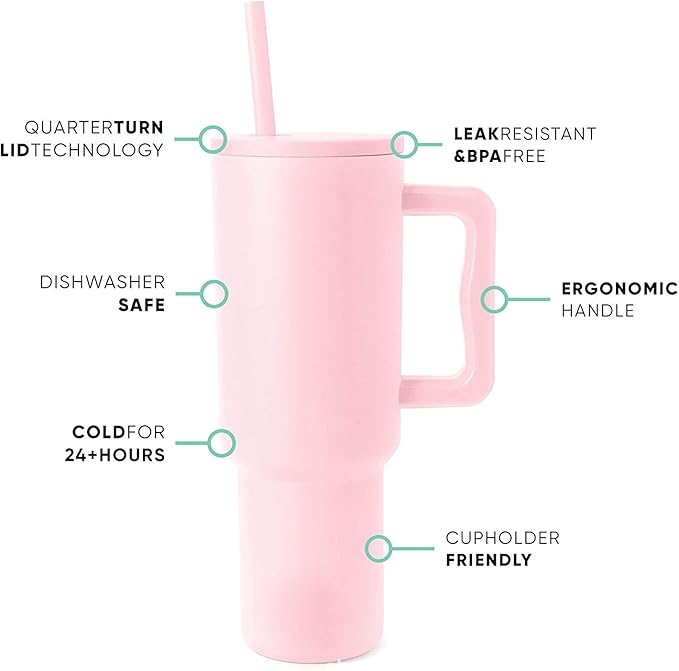Outdoor Tumbler, 40 oz, Double-Wall Insulated, Ergonomic Handle with Lid Straw (Pink)