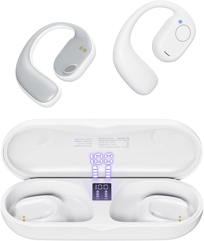 PSIER Open Ear Bluetooth Headphones, 40 Hours Playtime Bluetooth 5.3 Wireless Sports Earbuds with Digital Display Charging Case, White