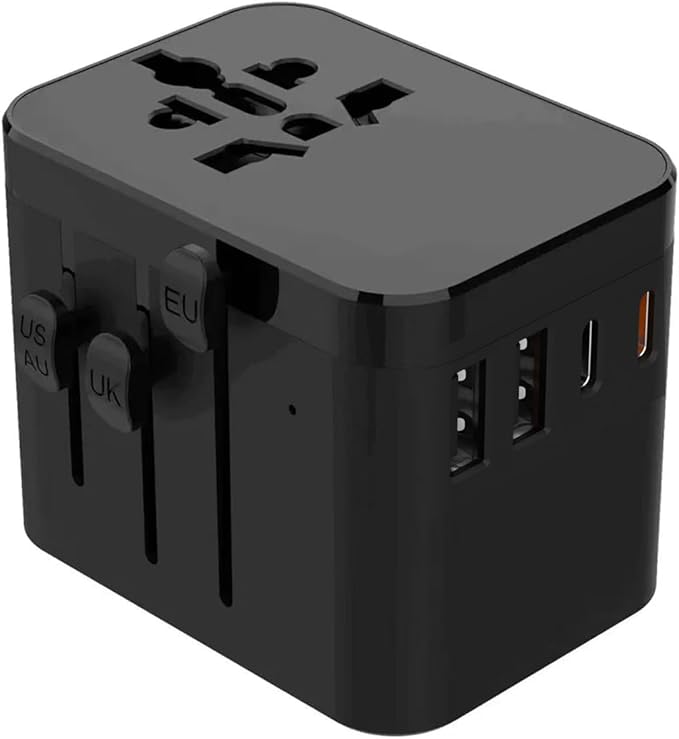 Worldwide Travel Adapter, 5 in 1 Plug Fast Charging Universal Power Adapter with 4 USB Ports (2X Type C and 2X Type A), Universal All in One Wall Charger for US EU UK AU, Fuse Protection - Black