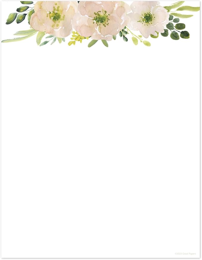 White Watercolor Pink Floral Letterhead / 50 Sheets / 8.5" x 11" Trendy Event Baby Shower Bridal Shower Wedding Paper/All Occasion Flower Decorative Stationery