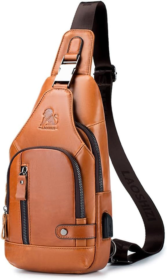 pundarika Leather Sling Bag for Men,small Crossbody Shoulder bag for men,men’s shoulder pack crossbody sling backpack.-brown