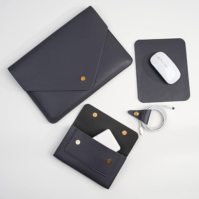 PU Leather Laptop Sleeve 13 Inch Compatible for 2024 13inch MacBook Air M3,13 MacBook Pro M2, Surface Pro 3 4 5 6 7, Dell XPS 13 with Small Pouch, Mouse Pad and Cord Organizer Color Dark Grey