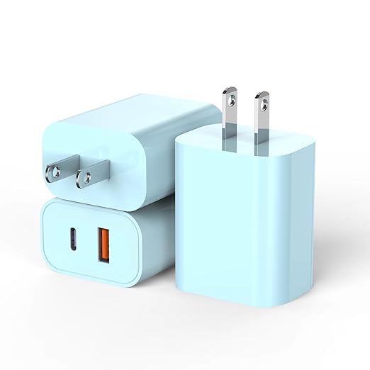 USB C Wall Charger Block, 3Pack 20W Dual Port PD Fast iPhone 16/15 Charger USB C Wall Charger Adapter + USB A Quick Charging Brick Plug for iPhone 15/14/13/12/11/Pro Max/Plus/XS/XR/X,iPad,AirPods-Blue
