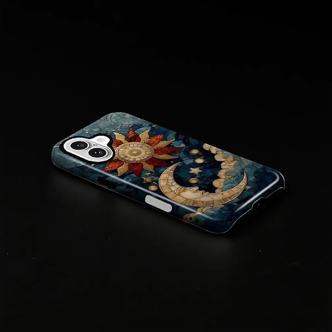 Case for iPhone 16 Case,Sun Moon Stars Faux Stained Glass Design - Hybrid Dual Protection Silicone + Hard PC Shockproof Full Body Cover Slim Anti-Scratch Protective Case for Men Women