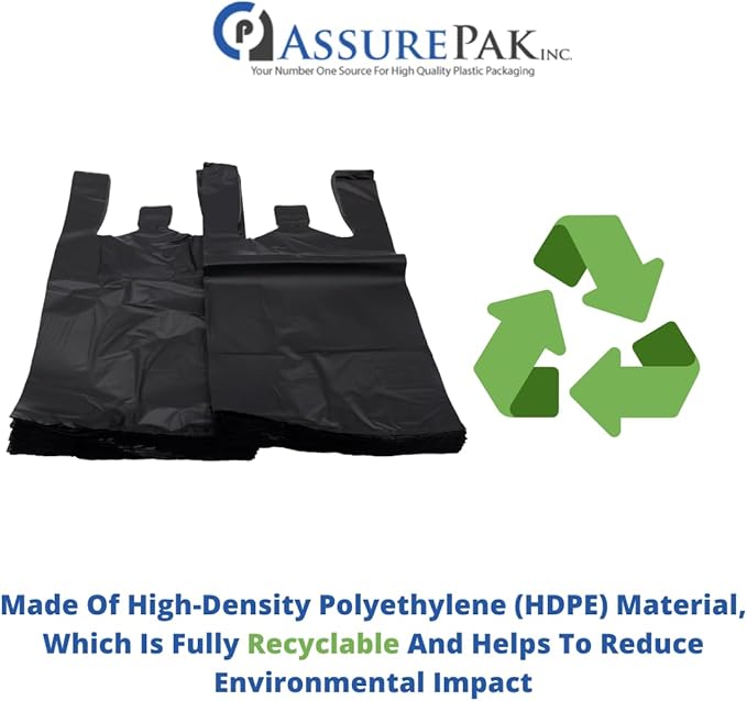 Black Unprinted HDPE T-Shirt Bags - 1/8 BBL 10"X5"X18" - 200 Bags - 30 microns - Black - Perfect for Grocery Shopping and Store Purchases BLK818EHD30M-EO - AssurePak
