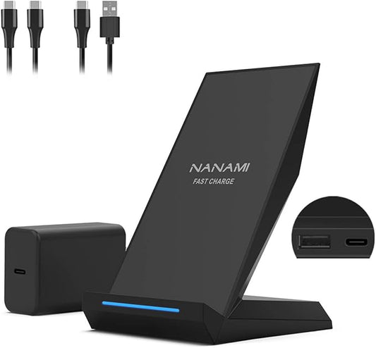 Nanami 2 in 1 Wireless Charger,Equipped with PD 30W Adapter,Qi Certified Fast Charging Stand with USB-A Port Compatible iPhone 16/15/14/13/12/11,Phone Charger for Samsung Galaxy S25/S24/S23/S22/S21
