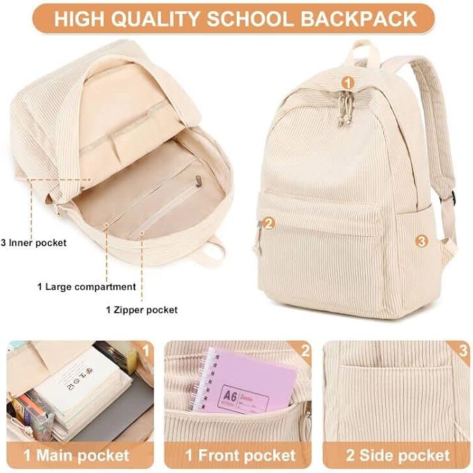 School Backpack for Teens Large Corduroy Bookbag Lightweight 15.6 inch Laptop Bag for Girls Women Casual High School College
