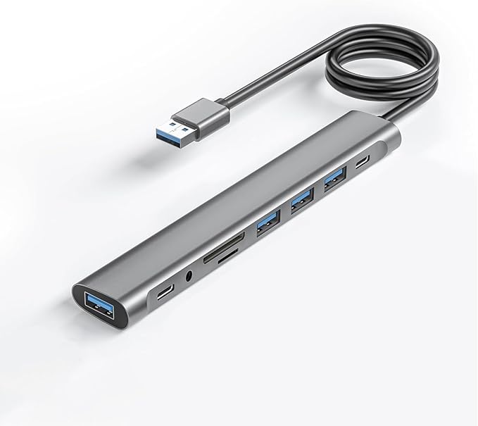 USB Hub Long Cable, 9 Ports USB 3.0 Adapter with 4 USB 3.0 Data Ports,SD/TF Card Slot,3.5mm Jack,USB-C Data,USB Splitter with USB C 5V/3A Power Port, 47IN/120CM Main Cable for Laptop PC
