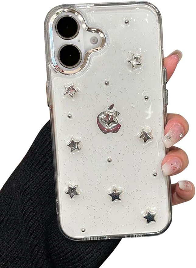 EYZUTAK Case for iPhone 16, Bling Glitter 3D Stars Phone Case Cute Sparkly Crystal Clear Star Aesthetic Design Case Slim Soft Durable TPU Transparent Protective Cover for Women Girls - Star