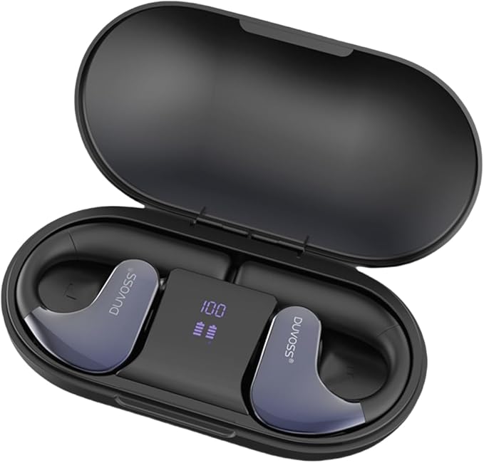 Open Ear Headphones, Wireless TWS Stereo Bluetooth 5.3 with Microphone, Ultra-Comfort, Fast Charging, IXP4 Waterproof, Lightweight, Smart Digital Display, Sport Earbuds, 300H, Black