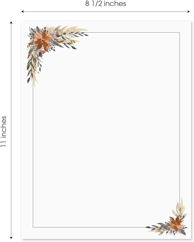 Indie Autumn Floral Letterhead / 50 Printed Sheets / 8.5" x 11" All Occasion Fall Celebration Paper/Decorative Boho Wedding Stationery Pack