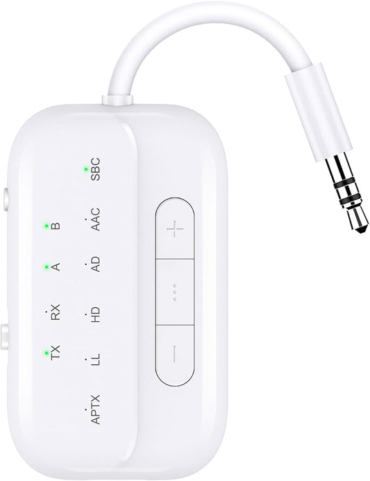 Bluetooth Transmitter Receiver, 2-in-1 V5.3 Wireless Adapter for Airplane, TV, PC, Gym, Switch. Supports up to 2 AirPods/Headphones. Audio Receiver for Car/Home Stereo,with AptX Low Latency & HD