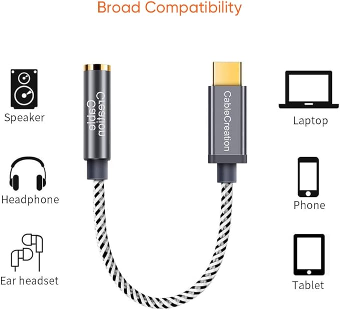 CableCreation USB C to 3.5mm Audio Adapter, Type C to Headphone Adapter, USB C to Aux 24bit/96kHz HiFi DAC Cable for iPhone 16 15 Pro Max/15 Pro/15 Plus, iPad, Galaxy S24 S23 Ultra, Pixel 9, 0.33 ft