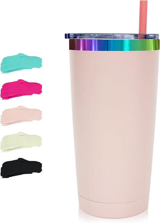 20 oz Stainless Steel Tumbler with Lid and Straw Double Wall Vacuum Insulated Coffee Mug Powder Coated Cup for Hot and Cold Drinks (Pink,1 pack)