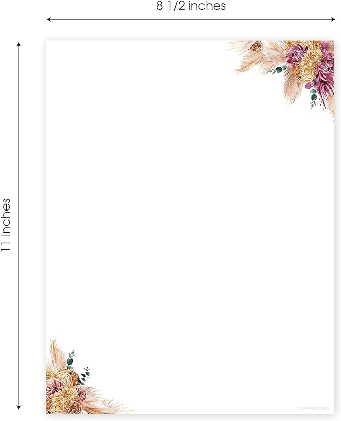 Tropical Boho Floral Letterhead / 40 Decorative Printer Sheets / 8.5" x 11" All Occasion Bridal Shower Celebration Paper/Beautiful Dried Flower Stationery