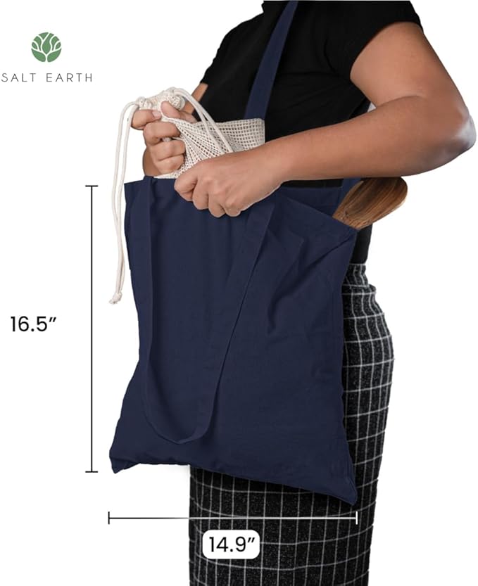 Salt Earth Pack of 5 | 6 | 12 | 24 | 48 – 100% Cotton Reusable Tote Bags – Bulk Grocery, Shopping, DIY, Beach & Gift Use