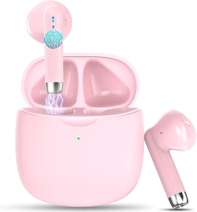 Wireless Earbuds, Bluetooth 5.4 Headphones in Ear with Noise Cancelling Mic, Bluetooth Earbuds Stereo Bass, IP7 Waterproof Sports Earphones, 32H Playtime USB C Charging Ear Buds Pink for Android iOS