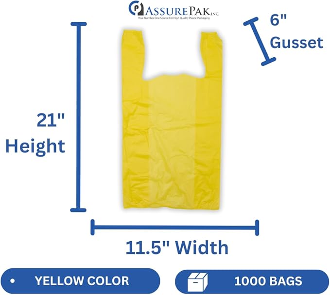 1000 Bags - Colored Unprinted HDPE T-Shirt Bags - 1/6 BBL 11.5"X6"X21" - 13 microns - Yellow - Perfect for Groceries, Shopping, Boutique Bags and Retail Stores LOOP-YELLOW