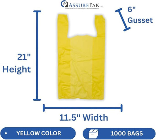 1000 Bags - Colored Unprinted HDPE T-Shirt Bags - 1/6 BBL 11.5"X6"X21" - 13 microns - Yellow - Perfect for Groceries, Shopping, Boutique Bags and Retail Stores LOOP-YELLOW
