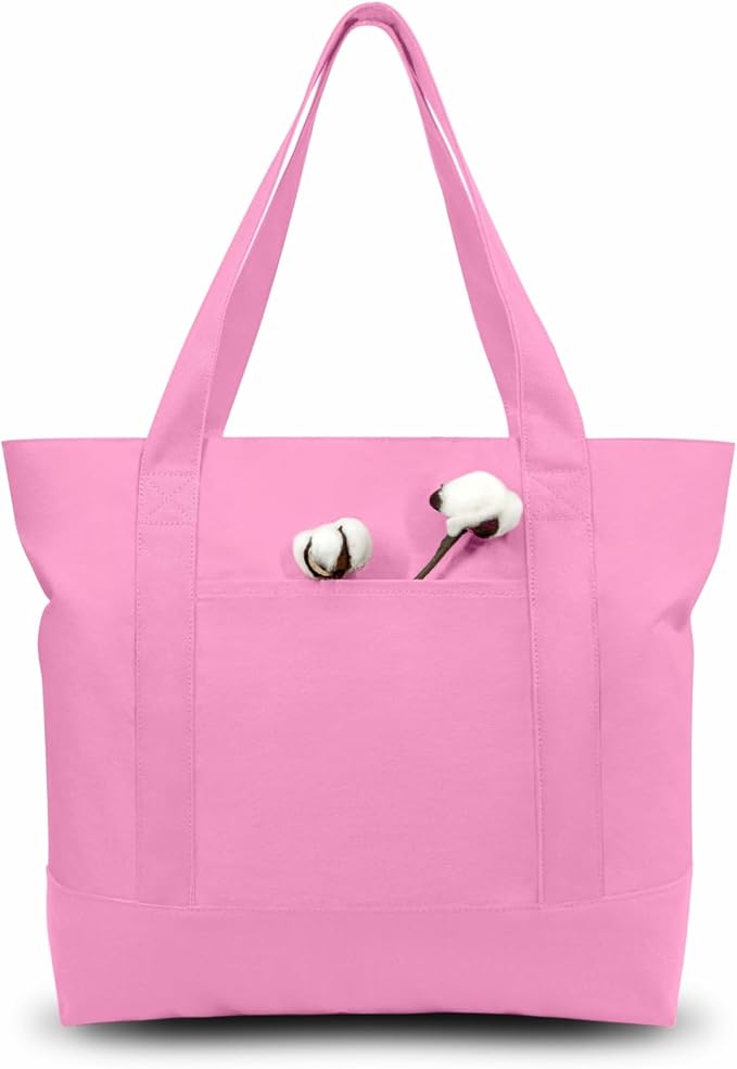 TOPDesign 1-Pack Canvas Tote Bag with an External Pocket, Reusable Grocery Shopping Bag, Top Zipper Closure, Daily Essentials (Pink)
