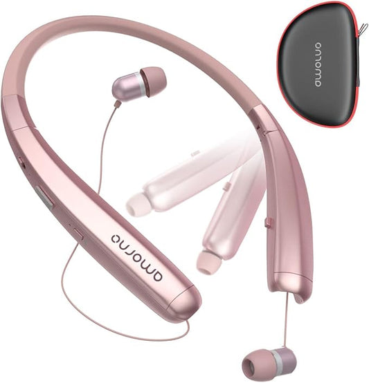 AMORNO Foldable Bluetooth Headphones, Wireless Neckband Sports Headset with Retractable Earbuds, Sweatproof Noise Cancelling Stereo Earphones with Mic