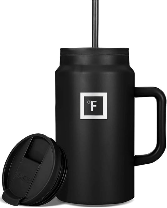 IRON °FLASK Co-Pilot Insulated Mug w/Straw & Flip Cap Lids - Cup Holder Bottle for Hot, Cold Drink - Leak-Proof - Water, Coffee Portable Travel Mug - Black, 50 Oz