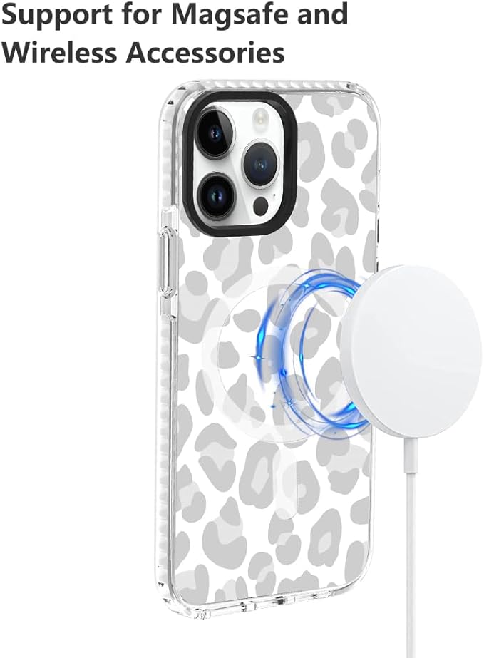 SAKUULO Magnetic for iPhone 14 Pro Case Light Gray Leopard Print Pattern [Compatible with MagSafe] Wireless Charge Slim Shockproof Case for iPhone 14 Pro Phone Case, Gray Leopard (6.1")