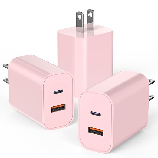 USB C Charger Block, iPhone 16/15 Charger Block [3 Pack] 20W Dual Port QC+PD 3.0 Power Adapter Multiport USB A Fast Charging Plug for Apple iPhone 16/16 Pro/16 Pro Max/16 Plus/15/14/13/12/11/iPad-Pink
