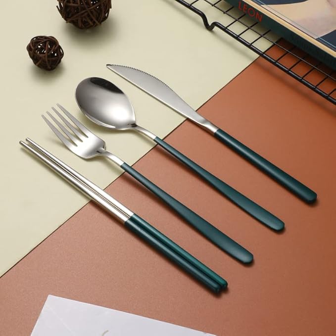 Portable Travel Camping Cutlery Set, TWUTGAYW Silver Green Reusable Flatware Silverware, Stainless Steel Cutlery Set, Portable Chopsticks Knife Spoons Forks Set for Camping Picnic Lunch Daily Use