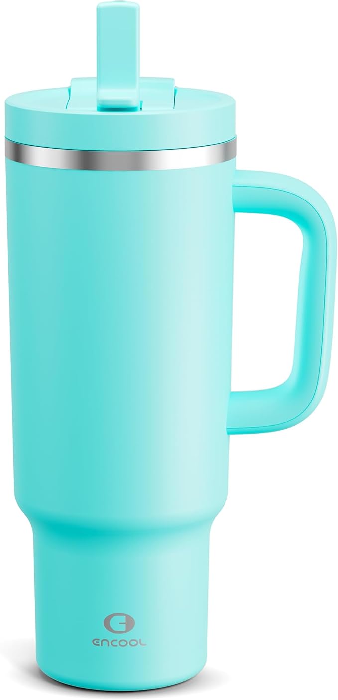 40 oz Tumbler with Handle and Straw: Stainless Steel Insulated Tumbler Keeps Cold for 24 Hours, Leakproof Travel Cup Fits in Cup Holder and BPA-Free, Aquamarine Blue