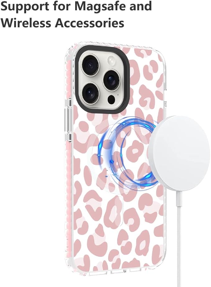 SAKUULO Magnetic for iPhone 15 Pro Case [Compatible with MagSafe] Light Pink Leopard Print Pattern Wireless Charge Slim Shockproof Case for iPhone 15 Pro Phone Case, Pink Leopard (6.1")