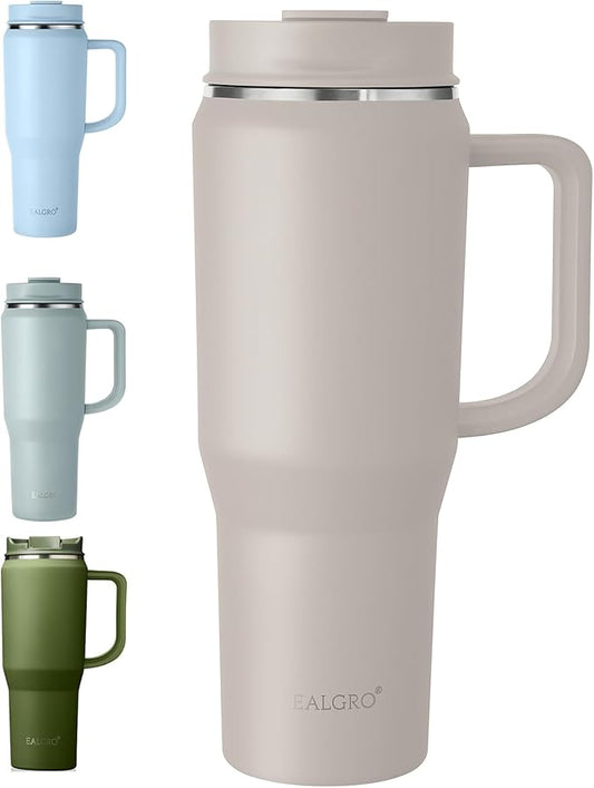 40 oz Tumbler with Handle, Insulated Tumblers with Lid and Straw, Large Metal Sports Water Bottle Jug, Thermal Stainless Steel Travel Coffee Mug Cup, Almond Birch