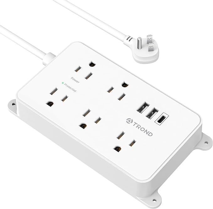 TROND Power Strip with USB, Surge Protector Flat Plug with 5 Widely-Spaced Outlets and 3 USB Ports, ETL Listed, 1300J, Wall Mountable, 5ft Extension Cord, for Office Kitchen, White