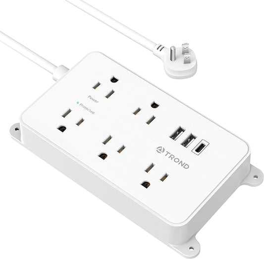 TROND Power Strip with USB, Surge Protector Flat Plug with 5 Widely-Spaced Outlets and 3 USB Ports, ETL Listed, 1300J, Wall Mountable, 5ft Extension Cord, for Office Kitchen, White