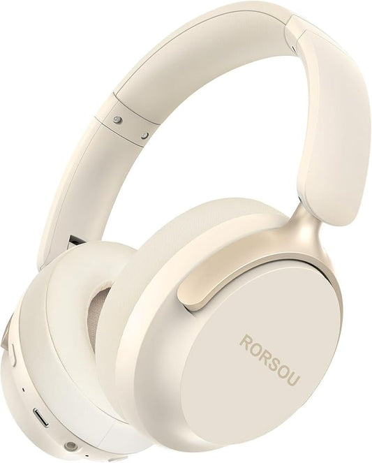 RORSOU B8 Bluetooth Headphones Over Ear, 6 EQ Music Modes and 50H Playtime Deep Bass Wireless Headphones with Mic, Lightweight Folding HiFi Stereo Headset for iPad/Travel/Tablet/PC/Home Beige White