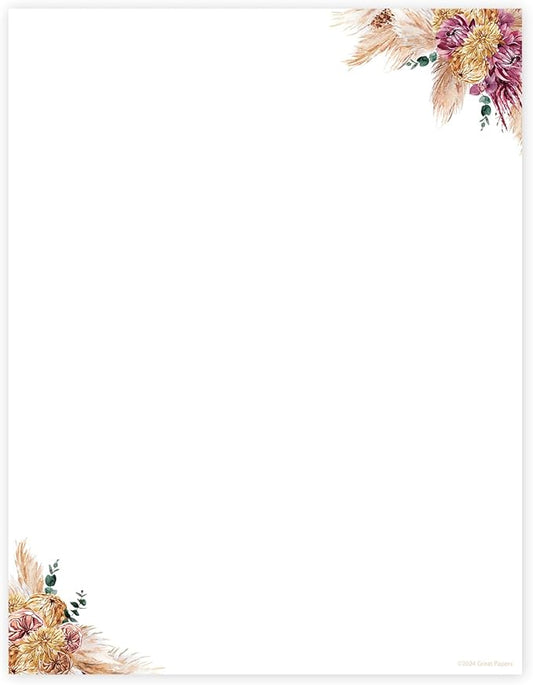 Tropical Boho Floral Letterhead / 40 Decorative Printer Sheets / 8.5" x 11" All Occasion Bridal Shower Celebration Paper/Beautiful Dried Flower Stationery