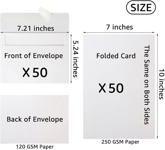 Wishop 50 Pack Self-Adhesive Envelopes with Fold Cards for Wedding Invitations, Greeting Cards, Baby Shower, Letter Mailing (White, 5x7)