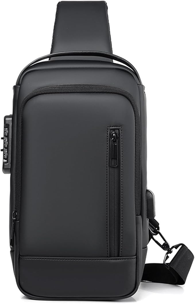 Sling Bag for Men | Anti-theft Crossbody USB PU Leather Shoulder Bag Chest Bag for Daily use Waterproof Lightweight One Strap Backpack, Black