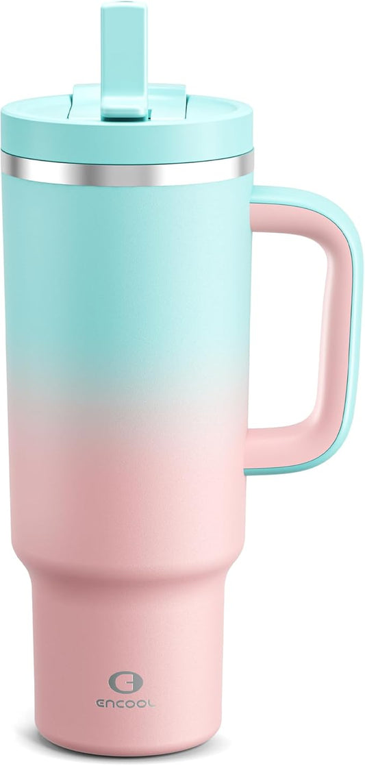 40 oz Tumbler with Handle and Straw: Stainless Steel Insulated Tumbler Keeps Cold for 24 Hours, Leakproof Travel Cup Fits in Cup Holder and BPA-Free, Cherry Blossom