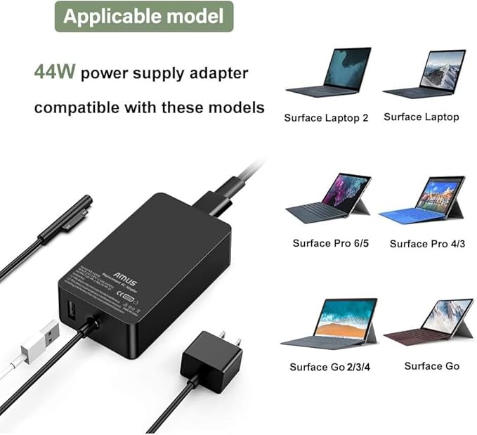 44W 15V 2.58A Surface Pro AC Laptop Charger fit for Microsoft Surface Pro 3 Pro 4 Pro 5 Pro 6, Laptop 2/1, Go 2/3 Surface Book 1/2 Model 1625 1800 Power Adapter with 5V 1A USB Charging Port