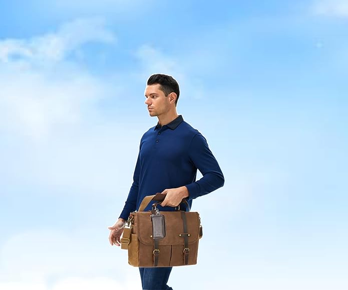 Messenger Bag for Men, Waterproof Genuine Leather Waxed Canvas Briefcase 15.6 Inch Laptop Larger Shoulder Bag with Key Bag