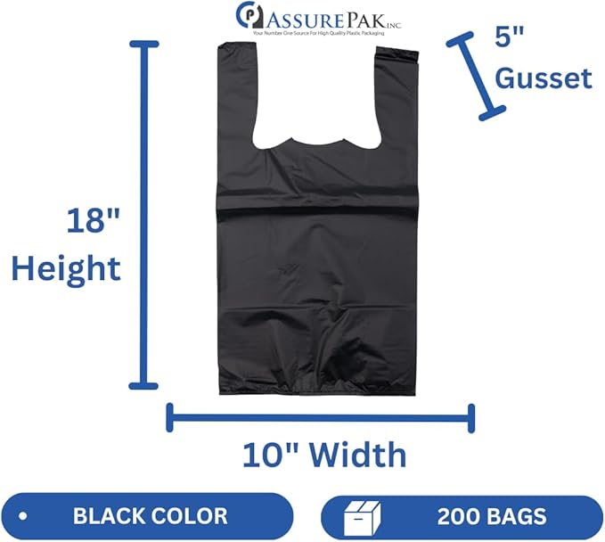 Black Unprinted HDPE T-Shirt Bags - 1/8 BBL 10"X5"X18" - 200 Bags - 30 microns - Black - Perfect for Grocery Shopping and Store Purchases BLK818EHD30M-EO - AssurePak