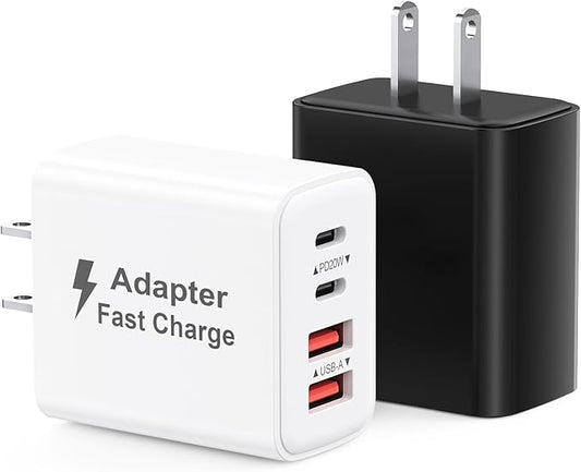 USB C Charger Block 40W, 2Pack 4-Port Type C Fast Charging Blocks, PD USB C Wall Plug + QC USB A Charger Cube Multiport Brick Compatible with iPhone 16 15 14 13 12 11 Pro Max XS, Samsung (Black+White)
