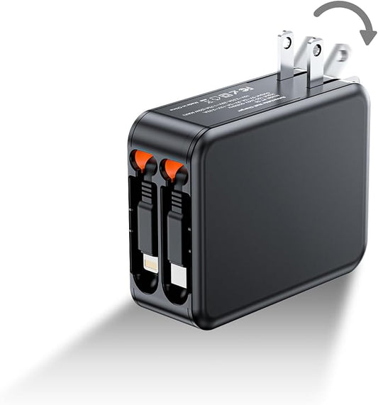 3 in 1 Retractable Wall Charge with Dual Cables, 35W USB C Charger Block with Foldable Plug, 62W Power Adapter Fast Charging for iPhone 16/15/14/13/12/11 Series, Pad, LG, Samsung and More